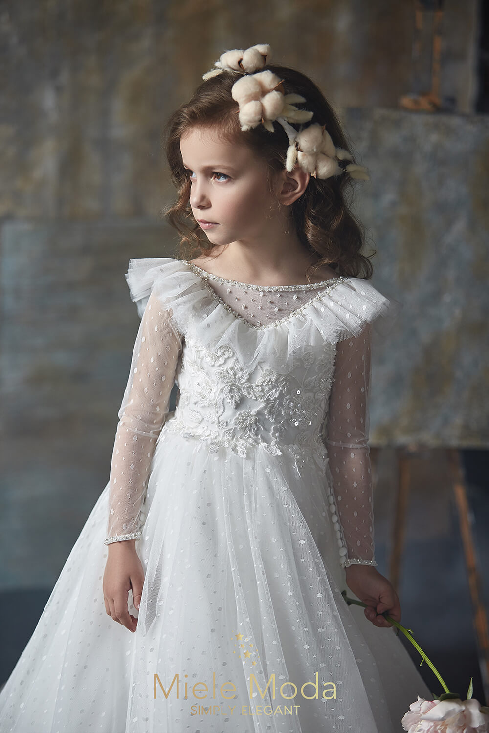 Pretty girl wearing Melania Flower Girl Dress Wedding Lace Dress-by Miele Moda Boutique
