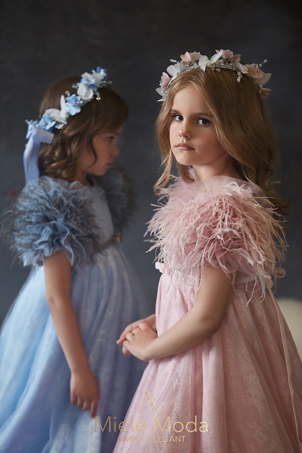 Pretty girl wearing Ophelia Flower Girl Couture Dress-by Miele Moda Boutique
