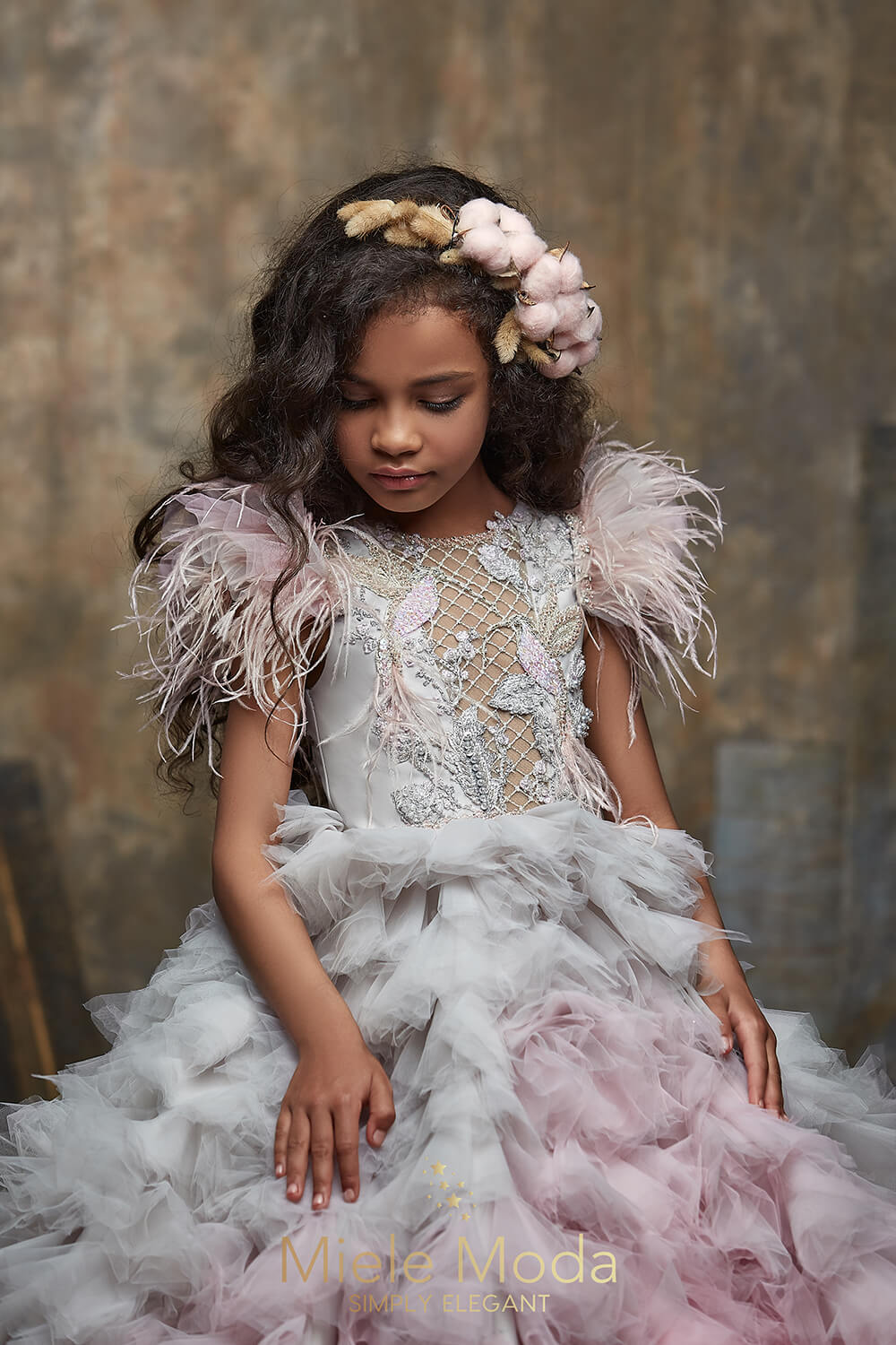 Pretty girl wearing Rosaline Flower Girl Couture Dress-by Miele Moda Boutique
