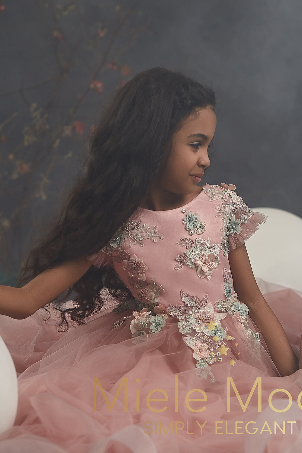 Pretty girl wearing Selina Flower Girl Couture Dress-by Miele Moda Boutique