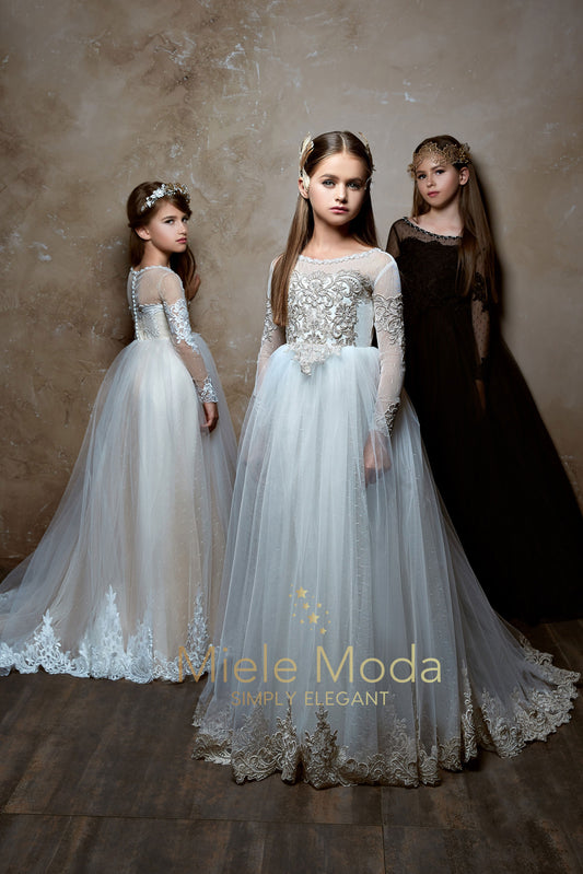 Pretty girl wearing Sienna Lace Flower Girl Dress-by Miele Moda Boutique