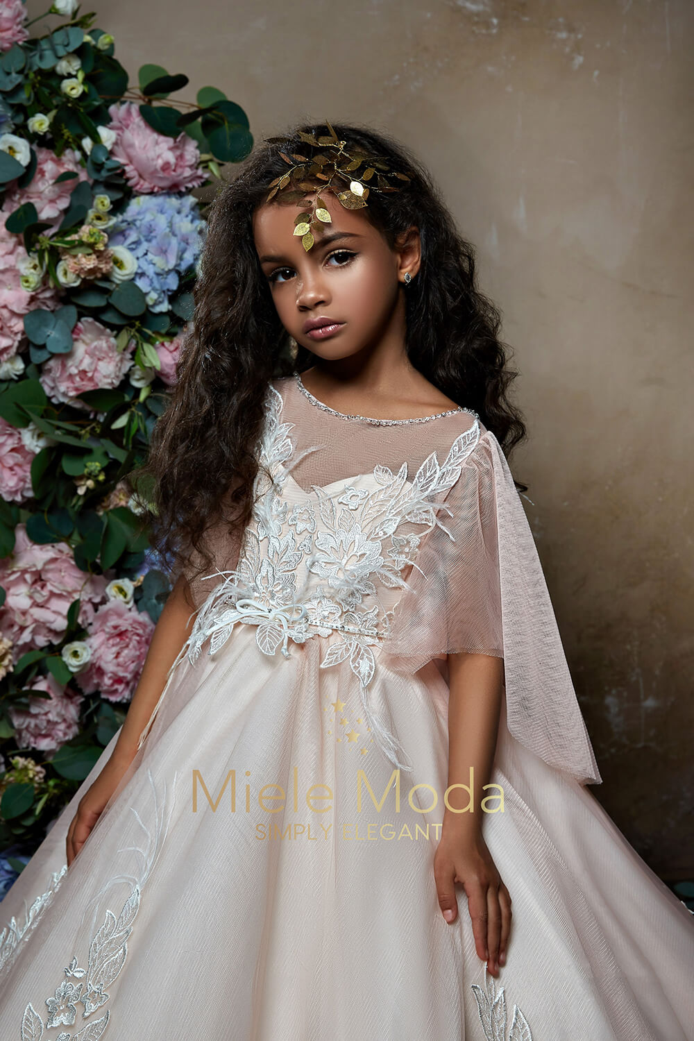 Pretty girl wearing Vivienne Flower Girl Couture Dress-by Miele Moda Boutique